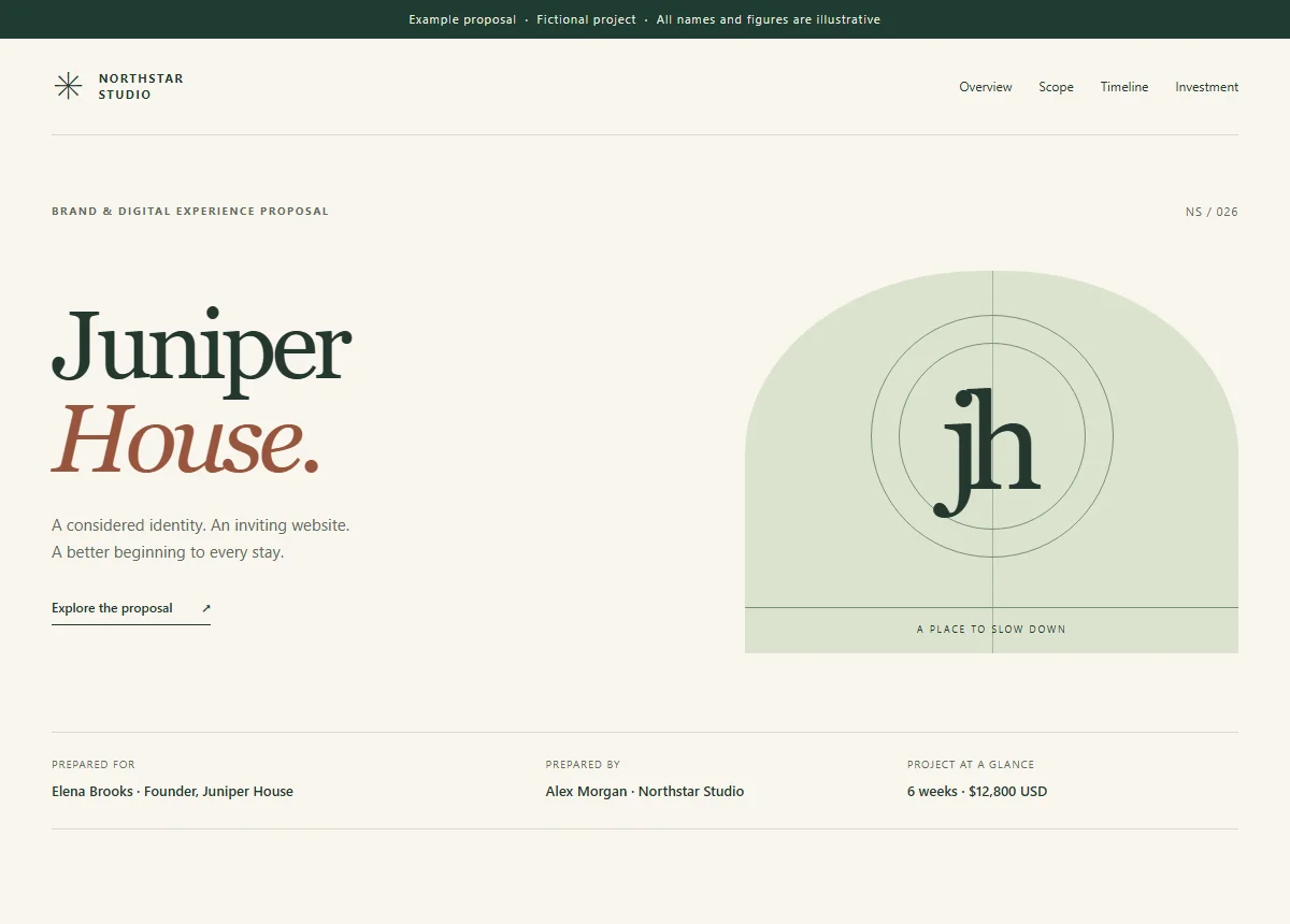Juniper House brand and website proposal by the fictional Northstar Studio